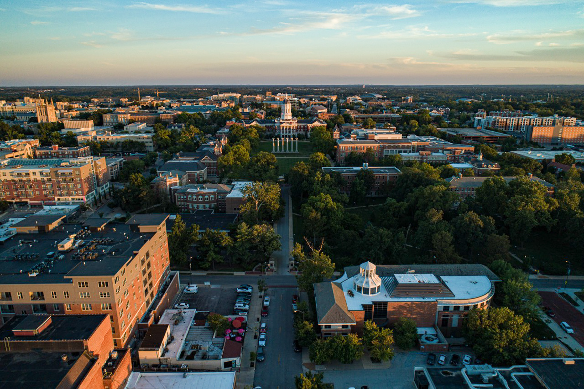 A photo of the university of Missouri, focusing on Jesse hall as an aerial shot
