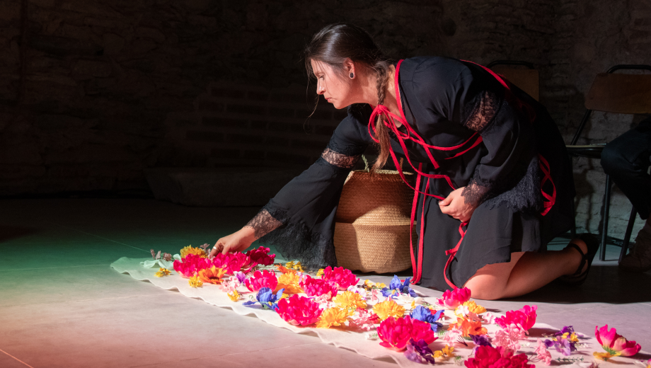 The artist performance “In Memoriam” by Katina Bitsicas uses silk flowers to adorn wool shrouds with a skeletal-like floral pattern and ties red jute ribbons around the pillars of a 12th century Byzantine bath house to serve as a remembrance for a lost loved one. This multimedia performance honors the artist’s Greek heritage and the resting place of her father, the Aegean Sea.  This performance was presented in Thessaloniki, Greece for the 57th Dimitria Festival, sponsored by Eye’s Walk Festival and curated