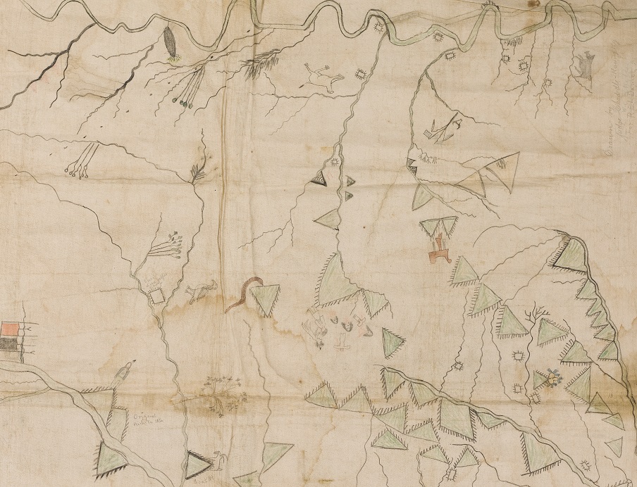 Historical Kiowa pictorial map created sometime between 1893 and 1895 showing southwestern Oklahoma and parts of the Texas Panhandle.