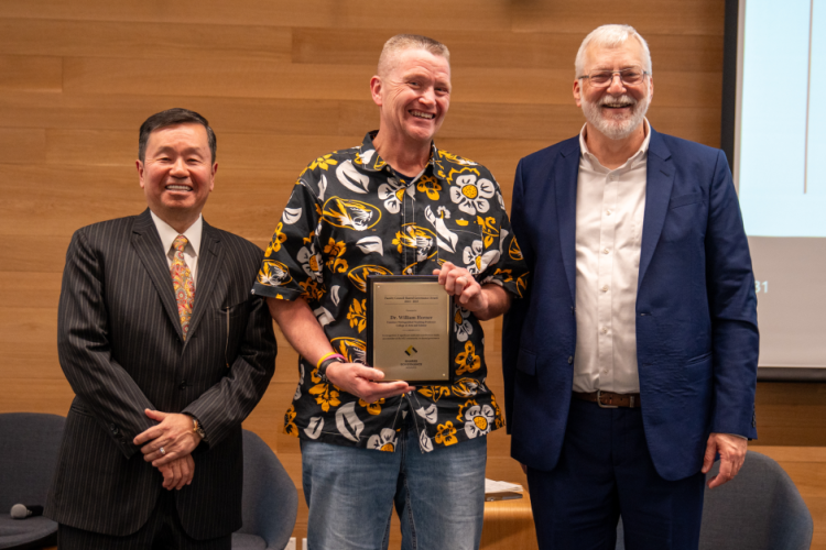 University of Missouri President Mun Choi, Curators' Distinguished Professor Bill Horner and Mizzou Faculty Council Chair Tom Warhover.
