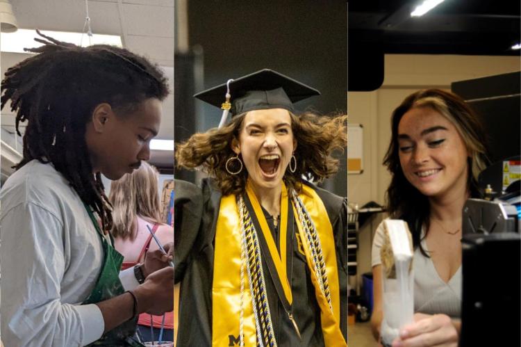 A triptych image shows three young adults: one painting attentively, another celebrating in a cap and gown, and a third smiling while working with machinery.